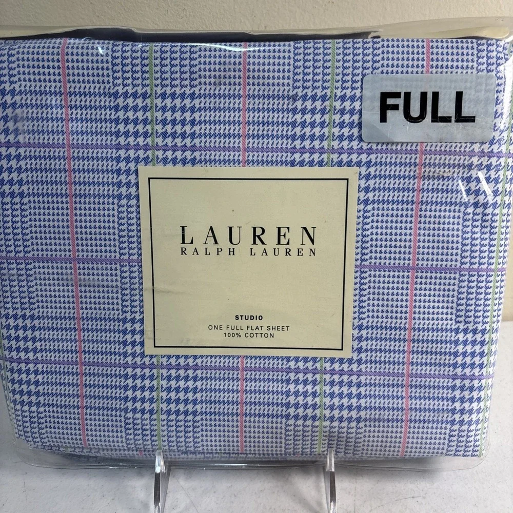 LAUREN RALPH LAUREN‎ Studio Glen Plaid Seaview Full Flat Sheet 100% Cotton Blue